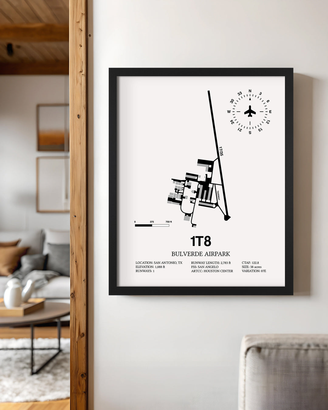 Framed Detailed Airport Map of Bulverde Airpark (1T8) in White with a Black Frame
