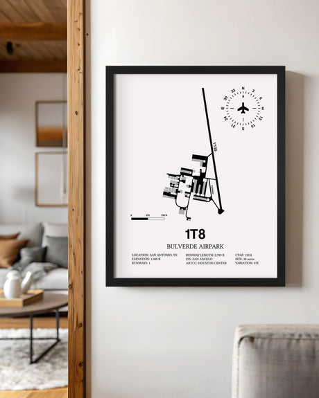 Framed Detailed Airport Map of Bulverde Airpark (1T8) in White with a Black Frame