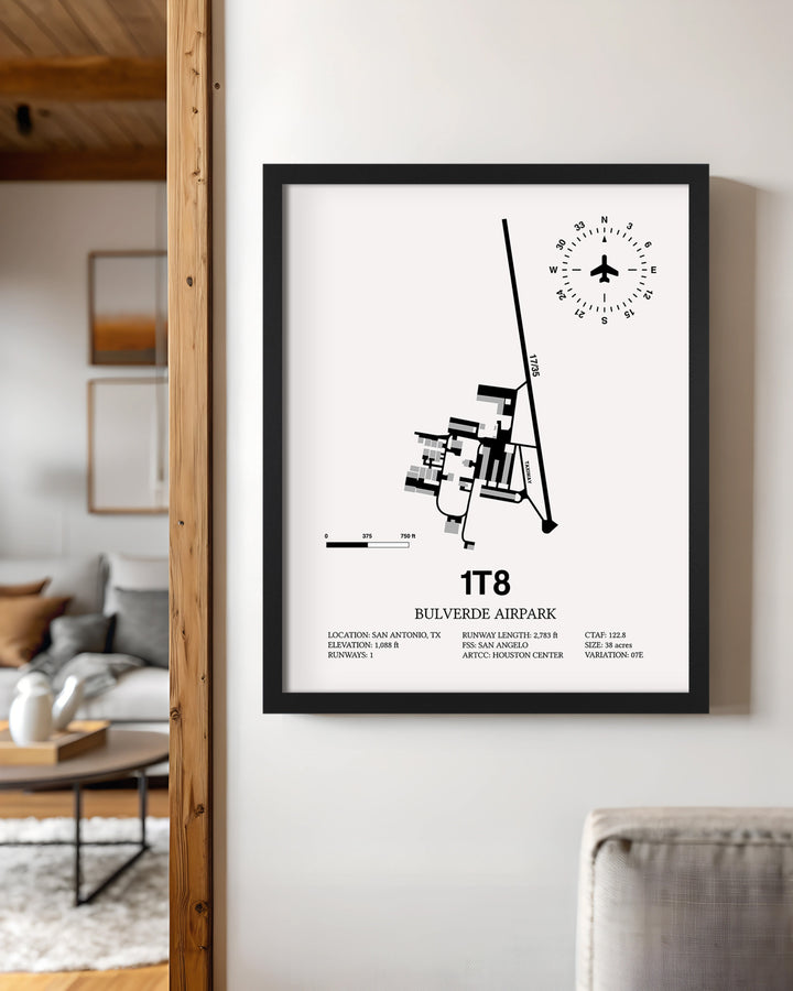 Framed Detailed Airport Map of Bulverde Airpark (1T8) in White with a Black Frame