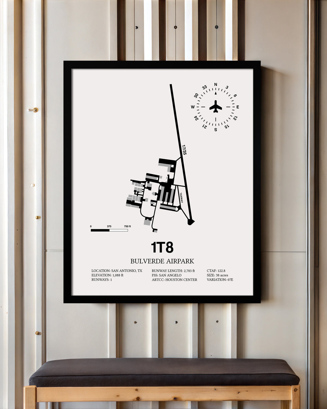 Framed Detailed Airport Map of Bulverde Airpark (1T8) in White with a Black Frame