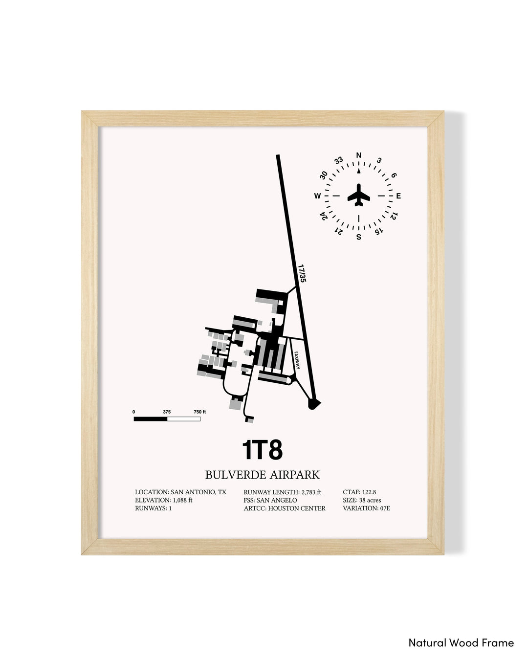 Detailed Airport Map of Bulverde Airpark (1T8) in White with a Natural Frame