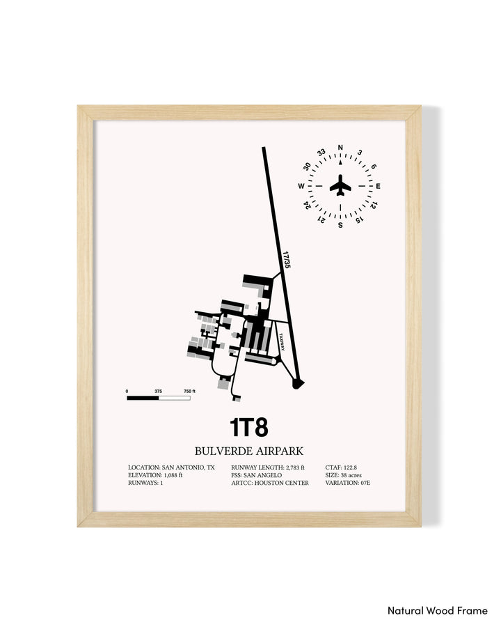 Detailed Airport Map of Bulverde Airpark (1T8) in White with a Natural Frame