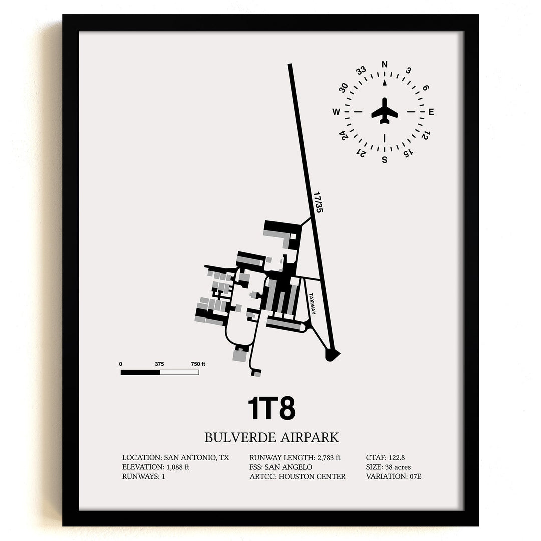 Framed Detailed Airport Map of Bulverde Airpark (1T8) in White with a Black Frame