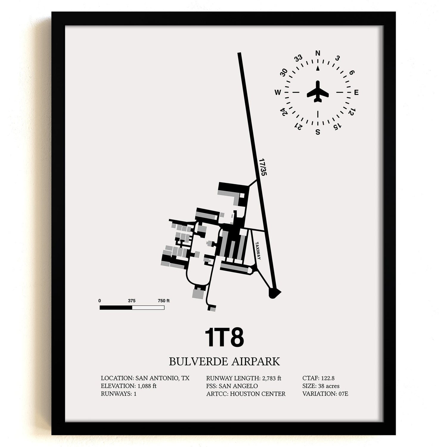 Framed Detailed Airport Map of Bulverde Airpark (1T8) in White with a Black Frame