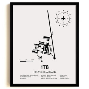 Framed Detailed Airport Map of Bulverde Airpark (1T8) in White with a Black Frame