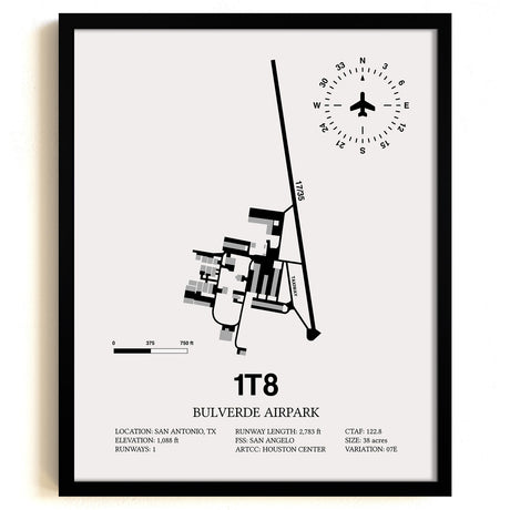 Framed Detailed Airport Map of Bulverde Airpark (1T8) in White with a Black Frame
