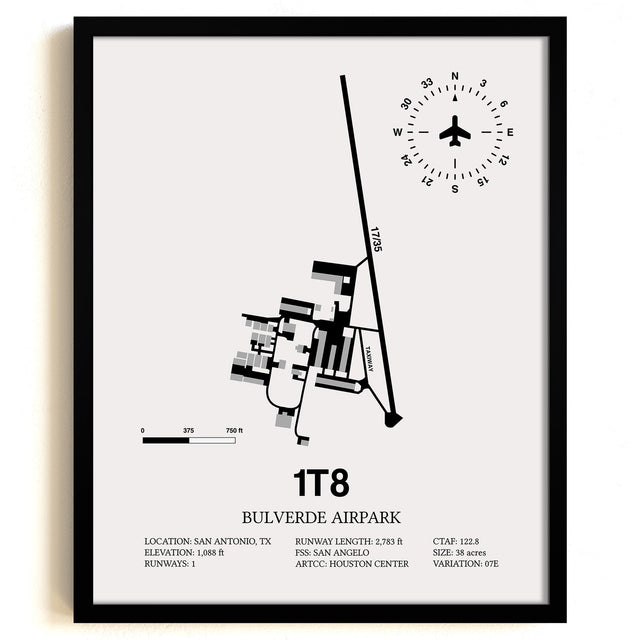 Framed Detailed Airport Map of Bulverde Airpark (1T8) in White with a Black Frame