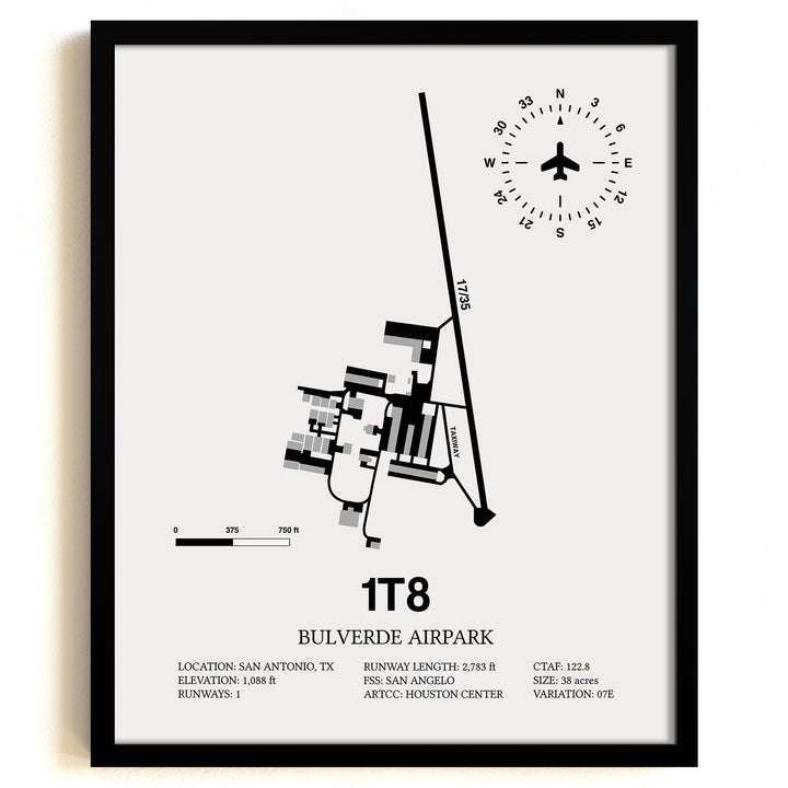 Framed Detailed Airport Map of Bulverde Airpark (1T8) in White with a Black Frame