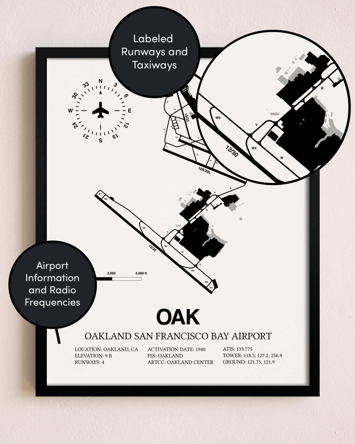 Framed San Francisco Bay Oakland International Airport layout wall art poster