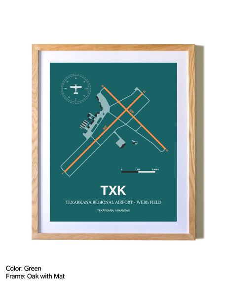 Texarkana Regional Airport - Webb Field airport map poster in oak frame with mat