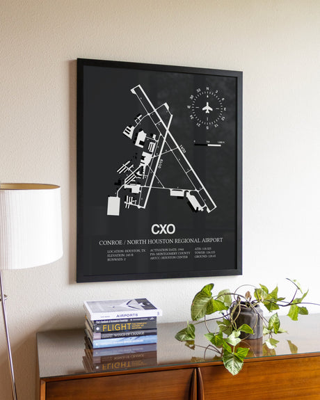 Gray Framed Conroe / North Houston Regional Airport wall art poster in black frame
