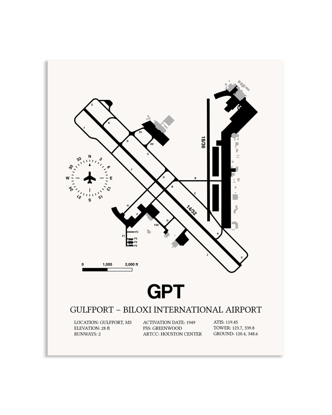 Gray Gulfport-Biloxi International Airport framed poster displayed in an airplane hangar