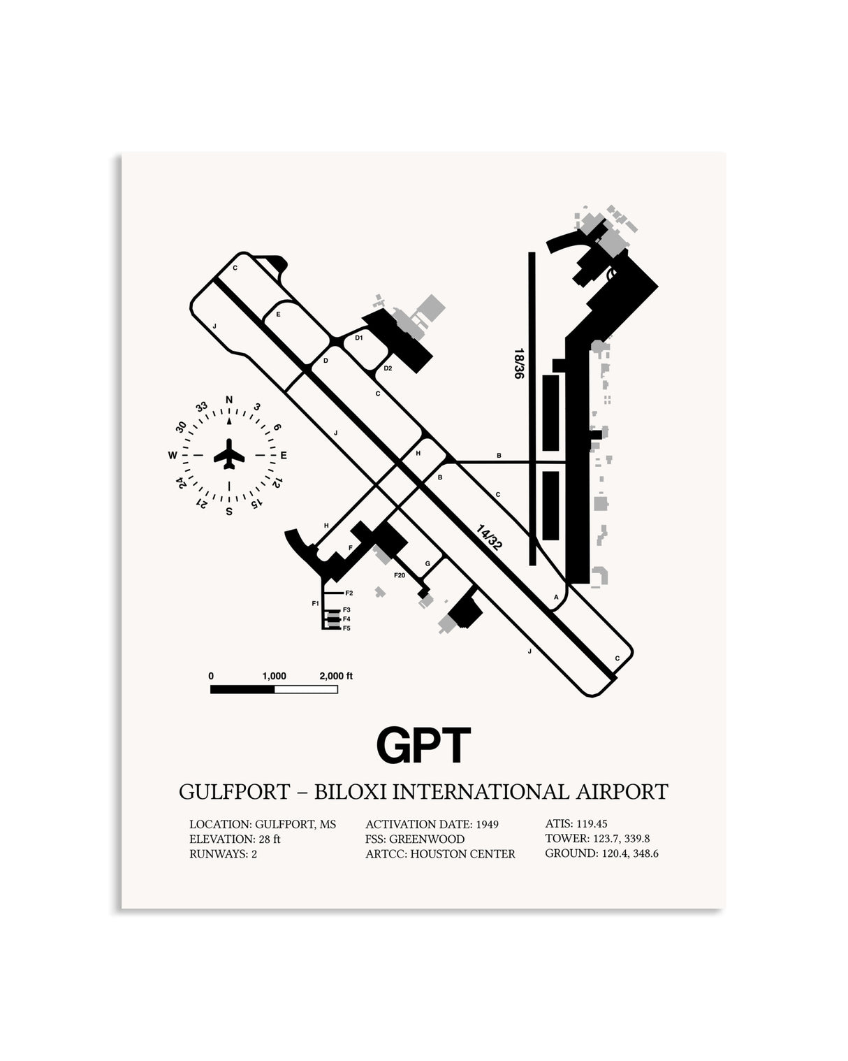 Gray Gulfport-Biloxi International Airport framed poster displayed in an airplane hangar