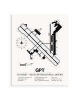Gray Gulfport-Biloxi International Airport framed poster displayed in an airplane hangar