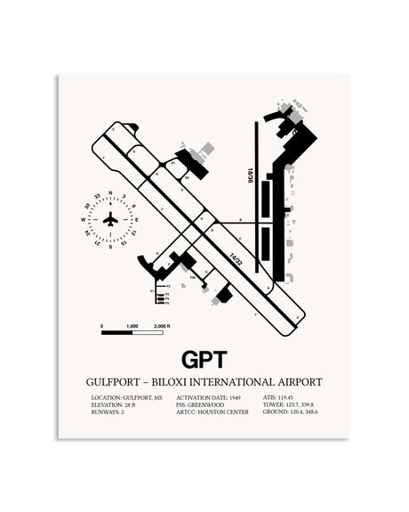 Gray Gulfport-Biloxi International Airport framed poster displayed in an airplane hangar