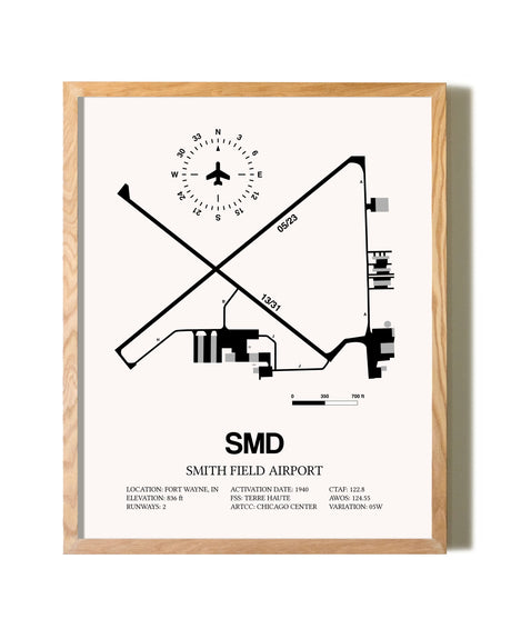 Smith Field Airport framed print in natural wood frame