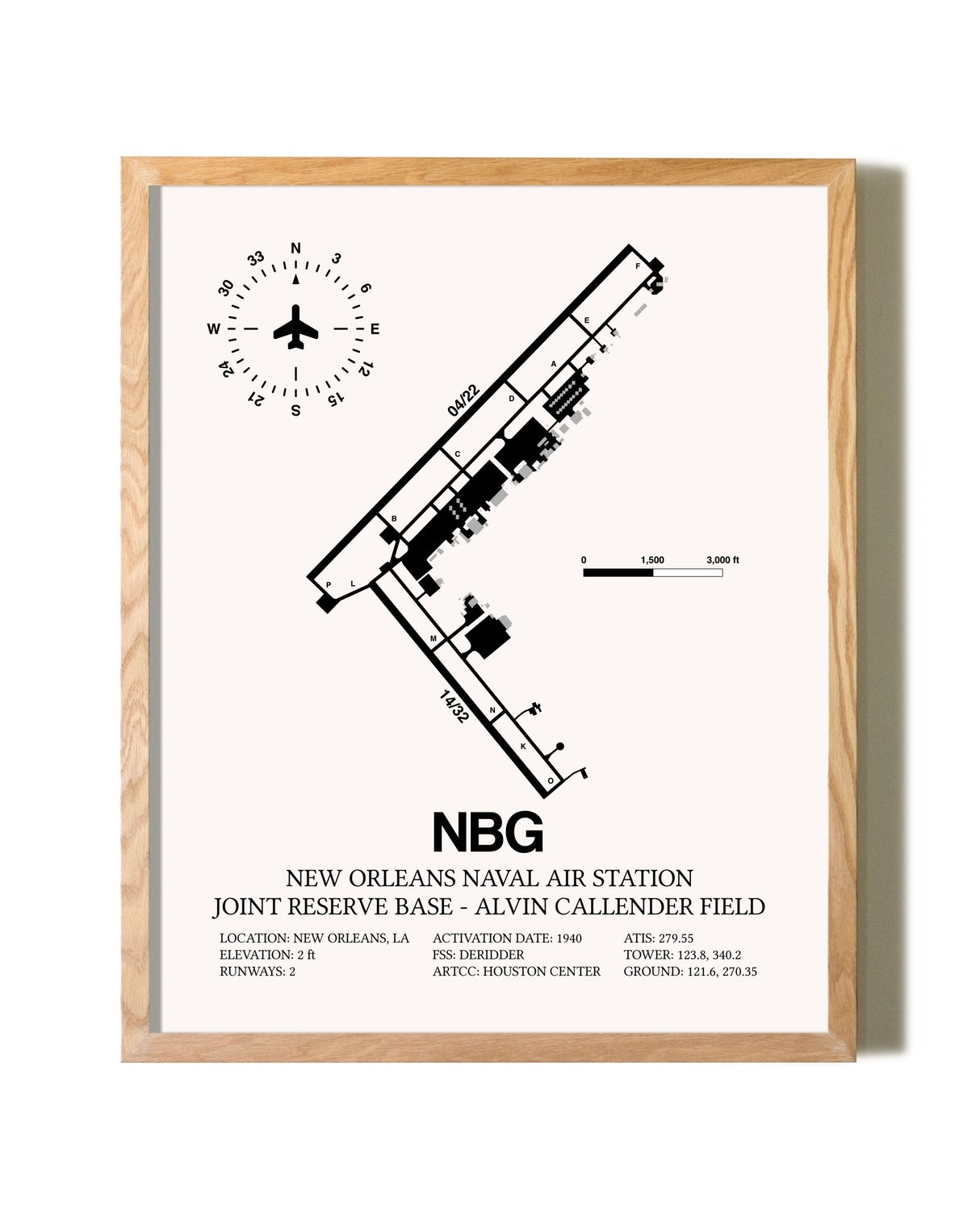 New Orleans Naval Air Station Joint Reserve Base-Alvin Callender Field framed print in natural wood frame
