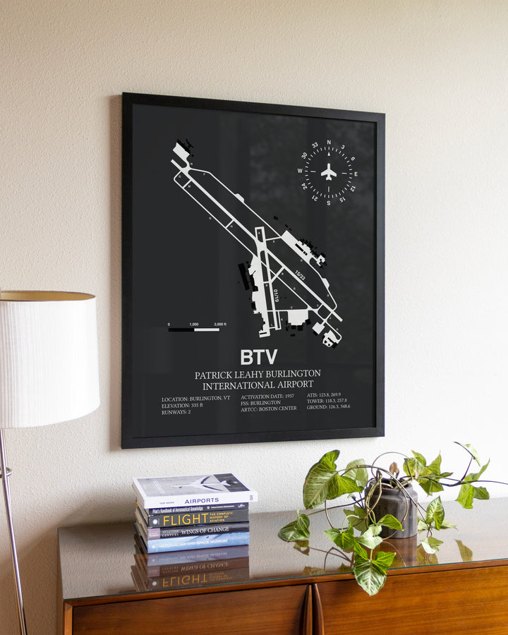 Gray Framed Patrick Leahy Burlington International Airport wall art poster in black frame