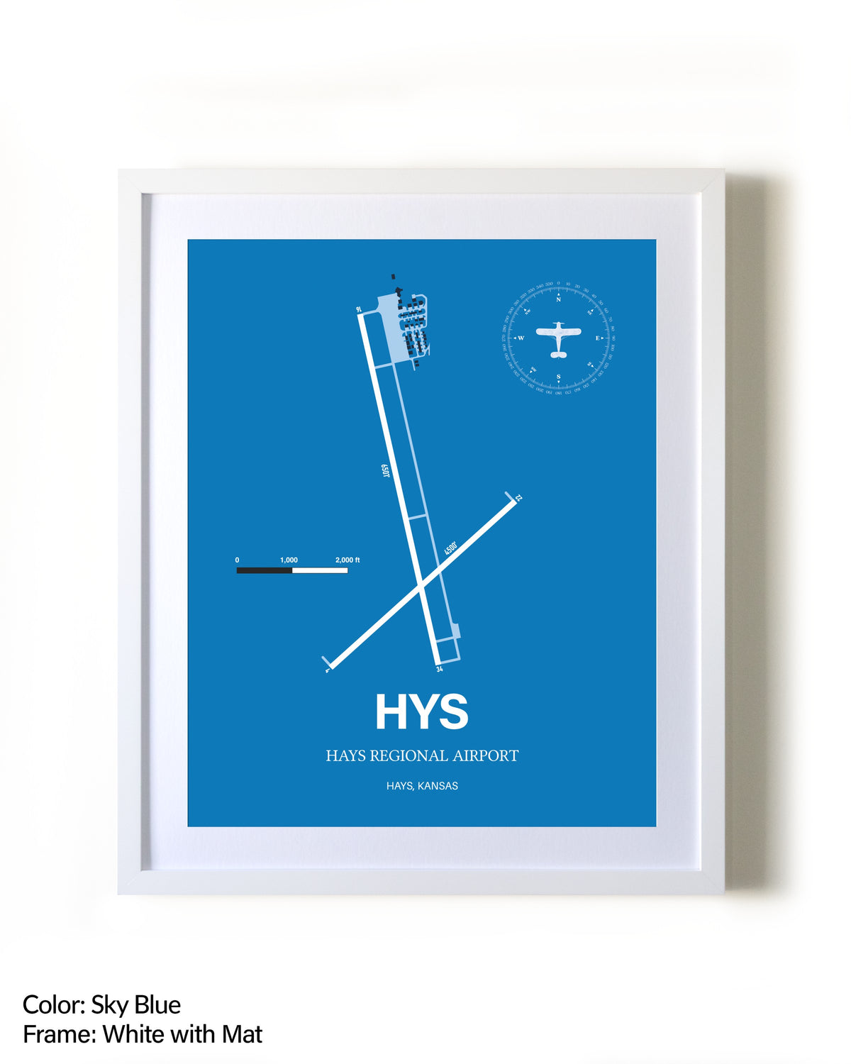Hays Regional Airport framed wall art in white frame with mat