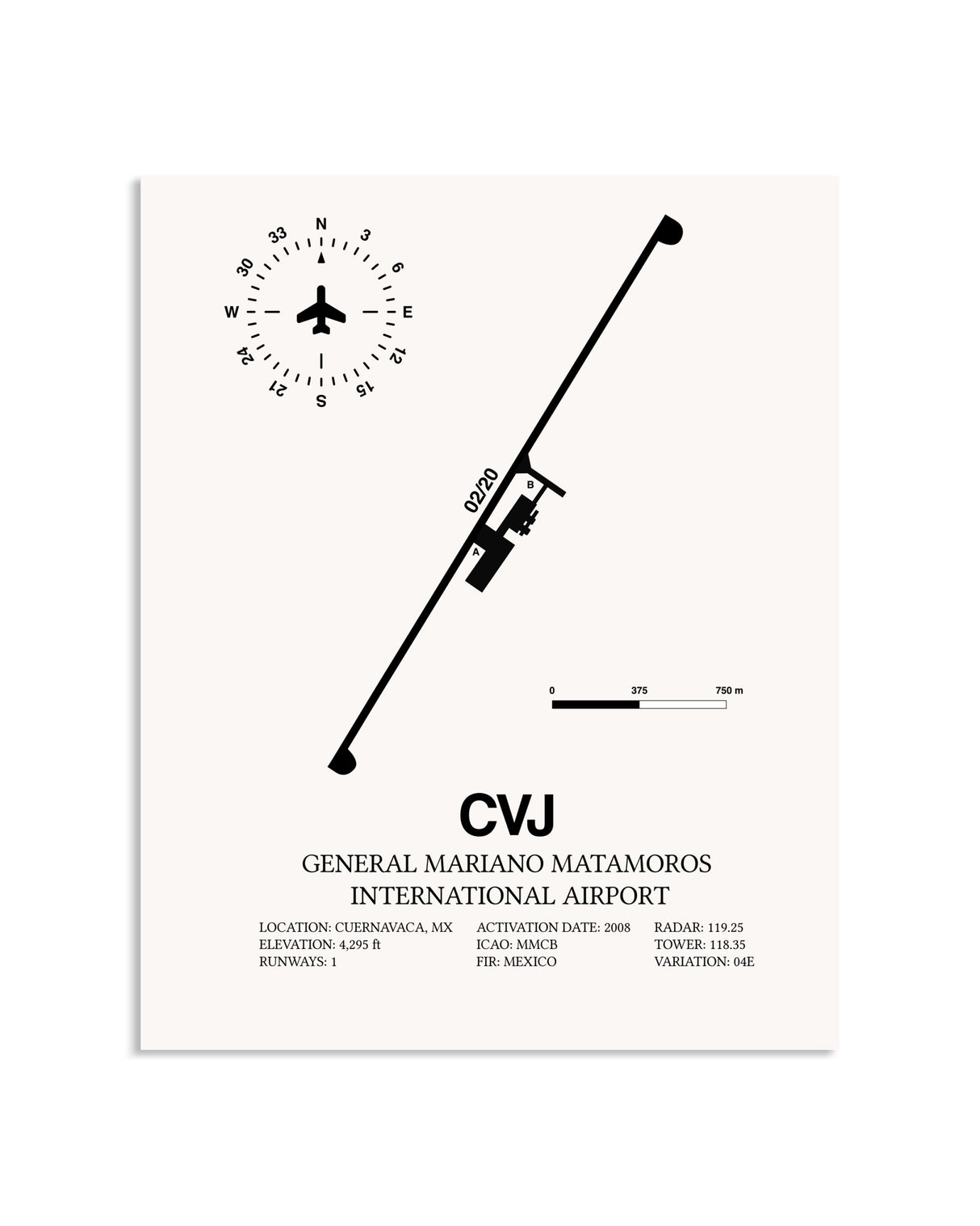 Gray General Mariano Matamoros International Airport framed poster displayed in an airplane hangar
