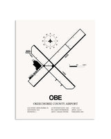 Gray Okeechobee County Airport framed poster displayed in an airplane hangar