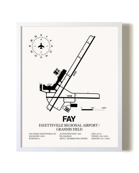 Fayetteville Regional Airport / Grannis Field airport map poster in oak frame