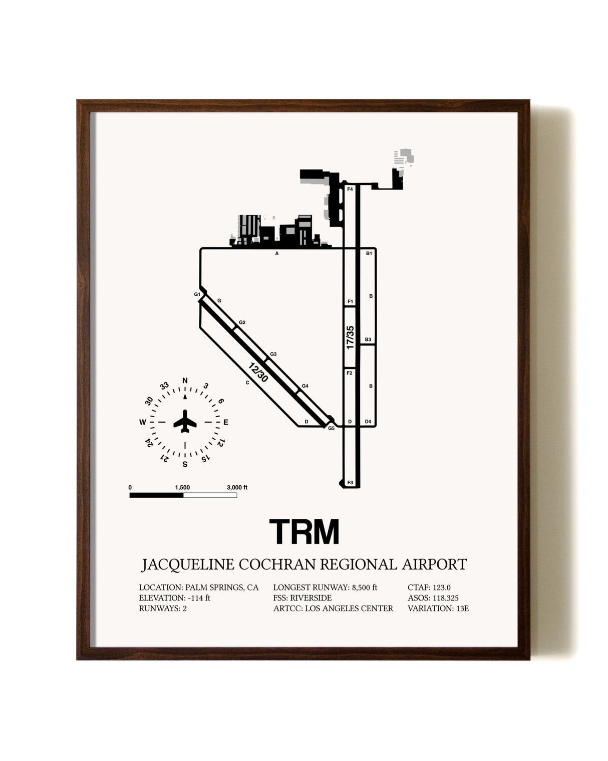 Jacqueline Cochran Regional Airport aviation print in walnut frame