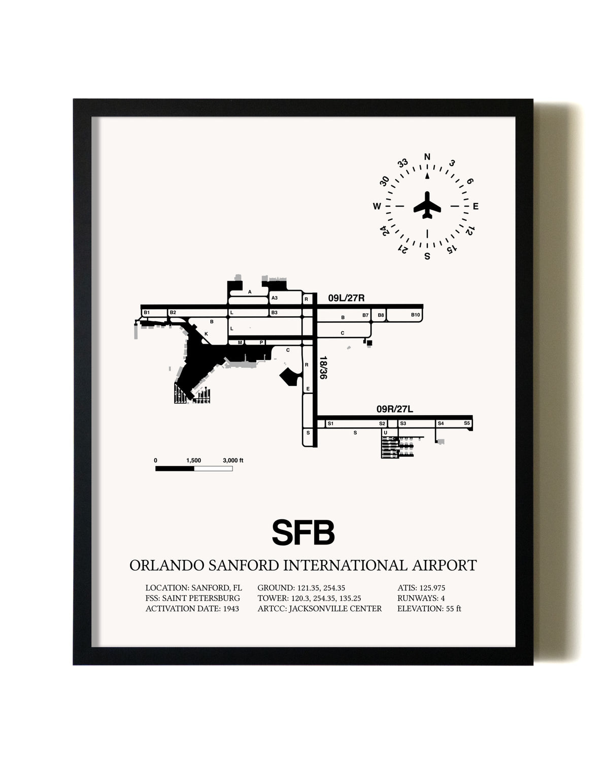 Framed Orlando Sanford International Airport wall art poster in black frame