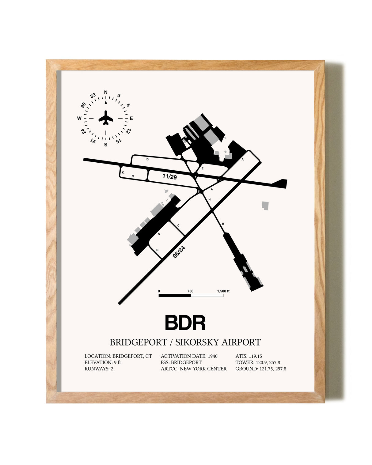 Bridgeport / Sikorsky Airport framed print in natural wood frame