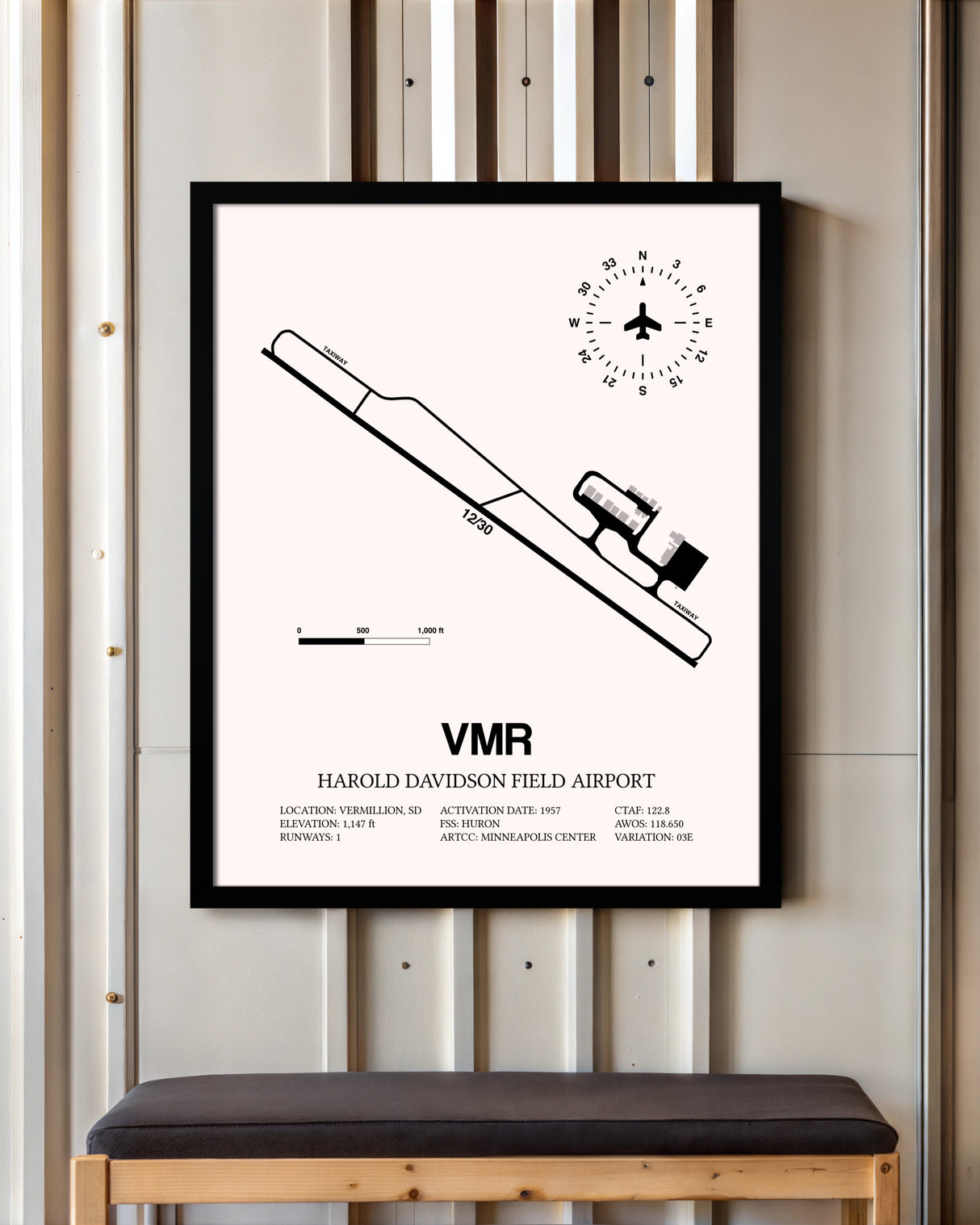 Harold Davidson Field Airport framed poster displayed in an airplane hangar
