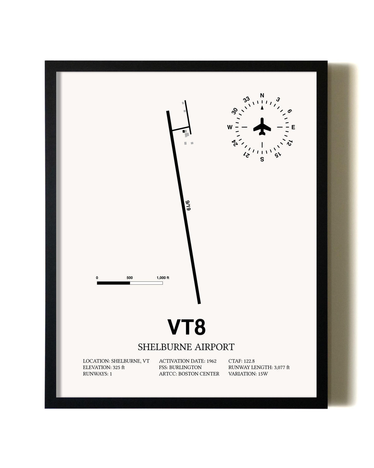 Framed Shelburne Airport wall art poster in black frame