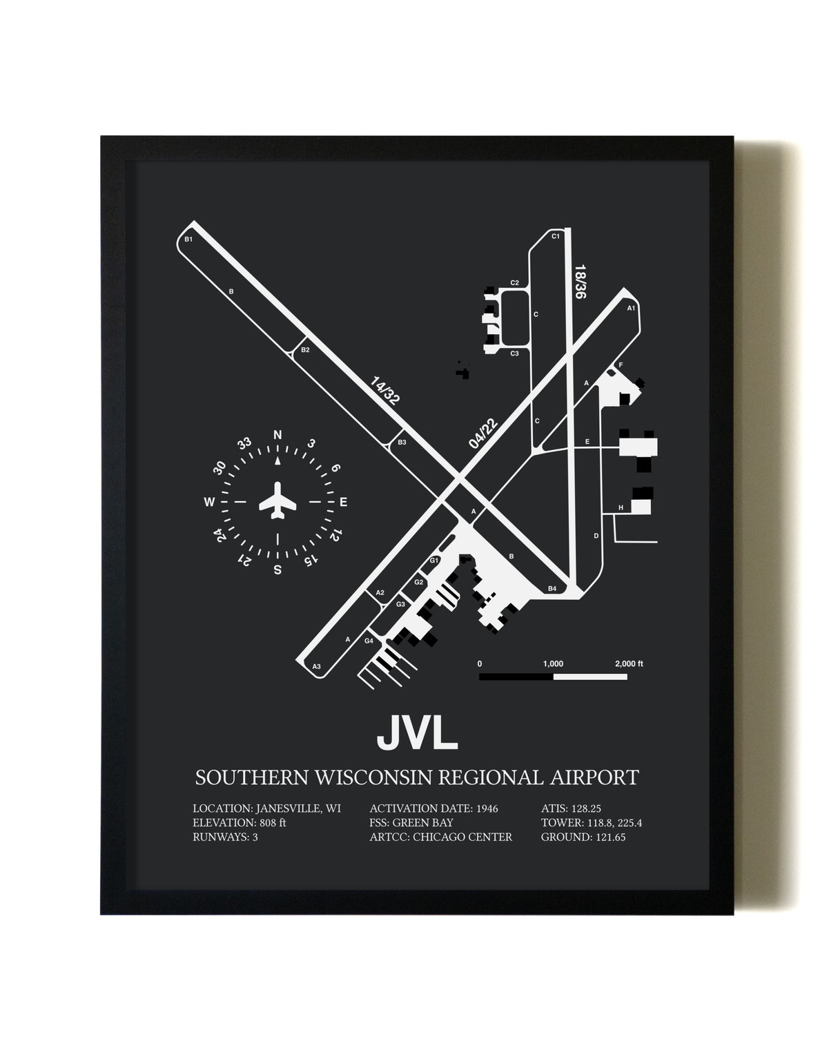 Unframed Southern Wisconsin Regional Airport map print poster