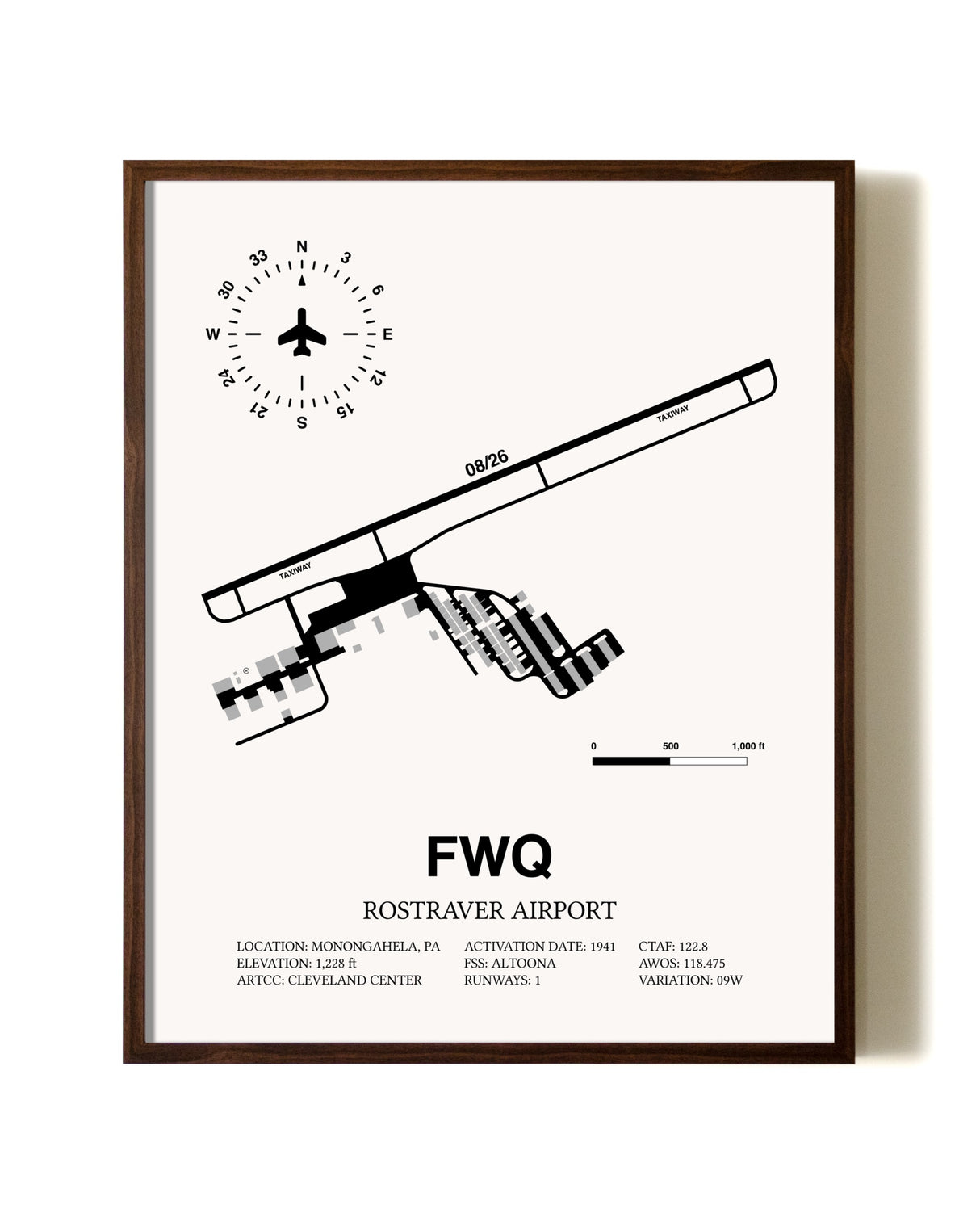 Rostraver Airport aviation print in walnut frame