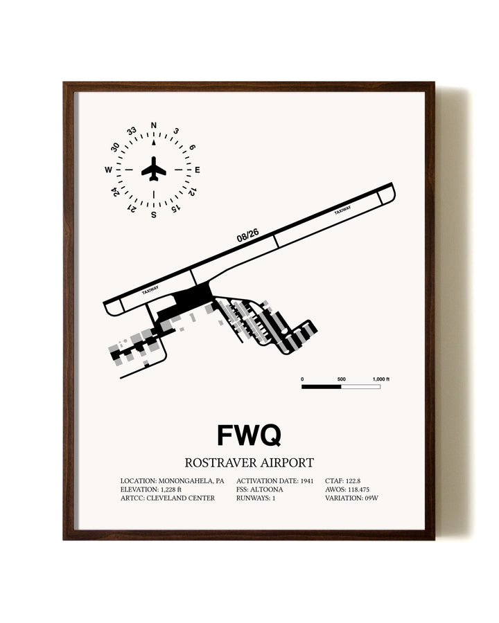 Rostraver Airport aviation print in walnut frame