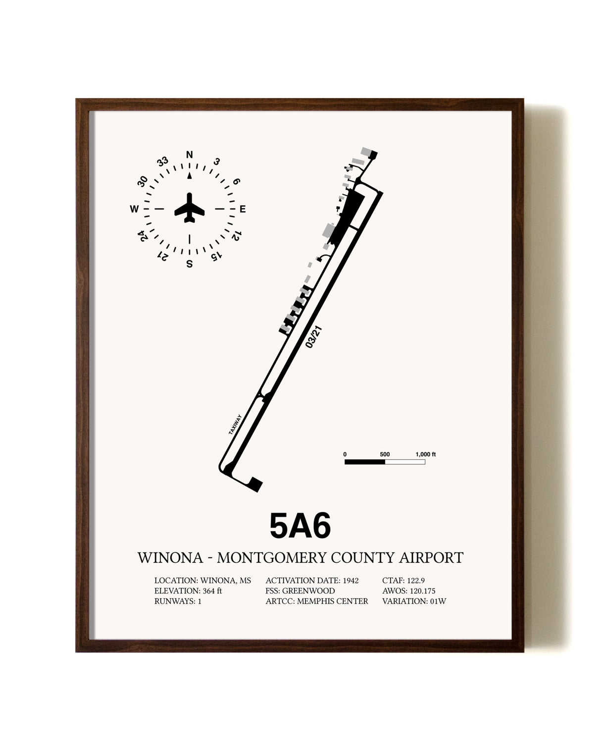 Winona - Montgomery County Airport aviation print in walnut frame
