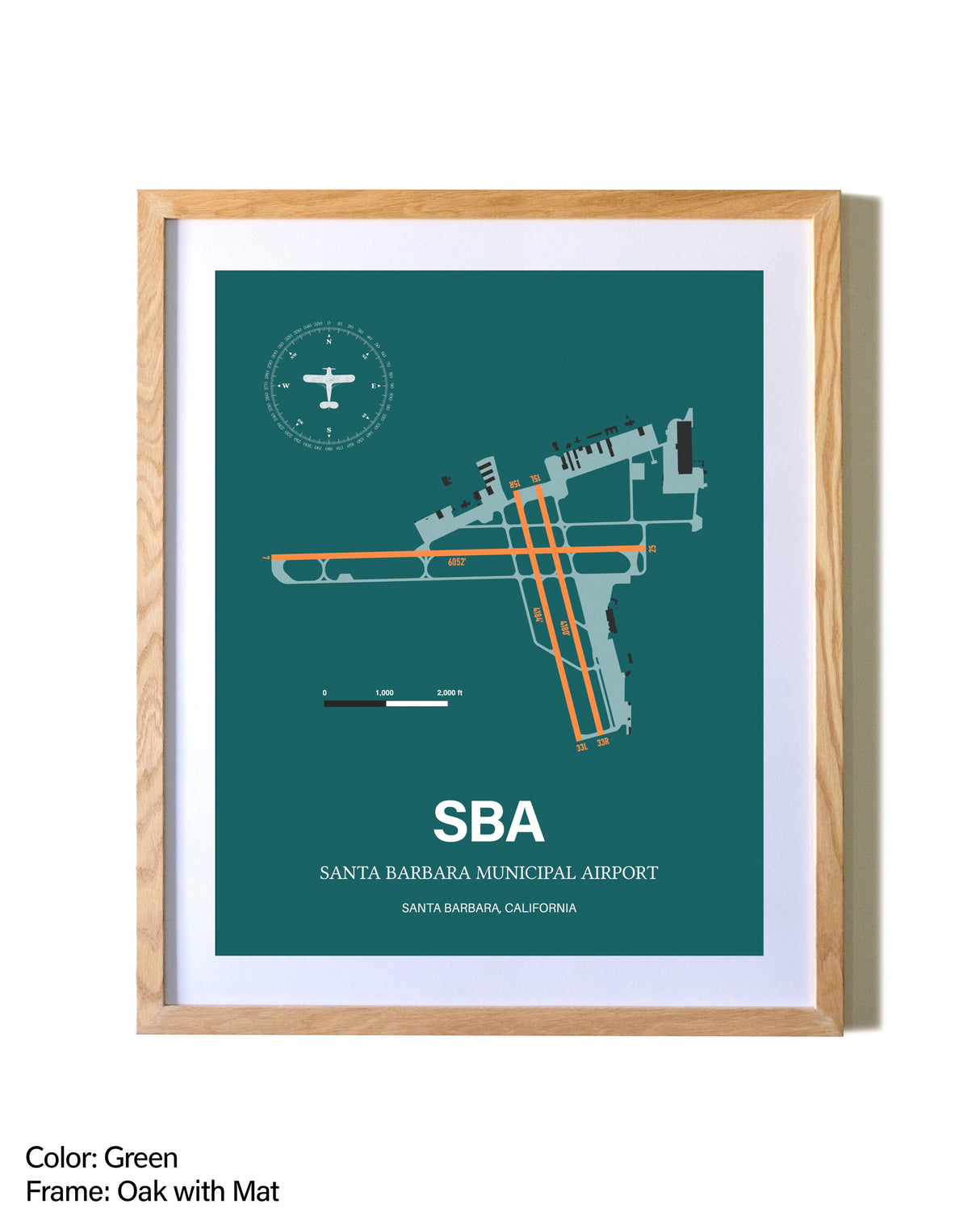 Santa Barbara Municipal Airport airport map poster in oak frame with mat