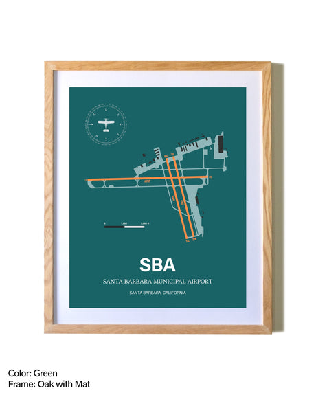 Santa Barbara Municipal Airport airport map poster in oak frame with mat