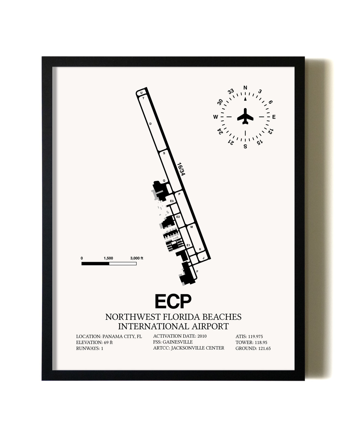 Framed Northwest Florida Beaches International Airport wall art poster in black frame