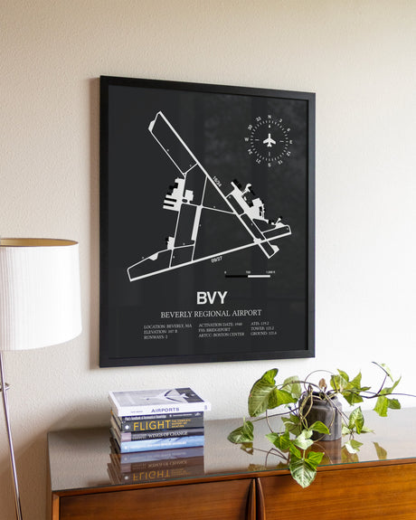 Gray Framed Beverly Regional Airport wall art poster in black frame