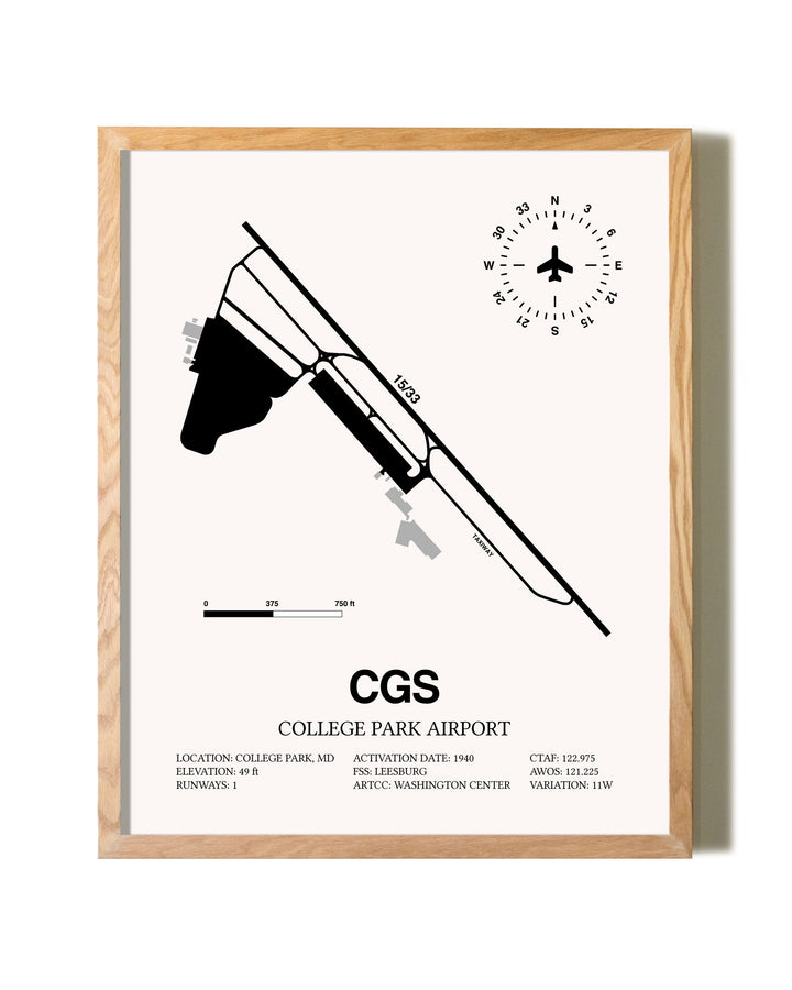 College Park Airport framed print in natural wood frame