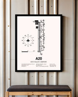 Sun Valley Airport framed poster displayed in an airplane hangar