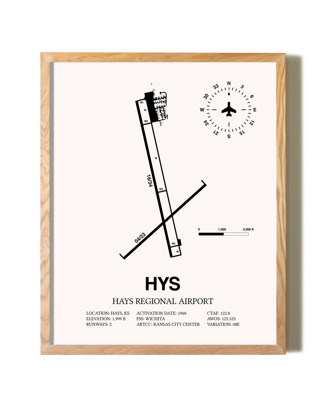 Hays Regional Airport framed print in natural wood frame