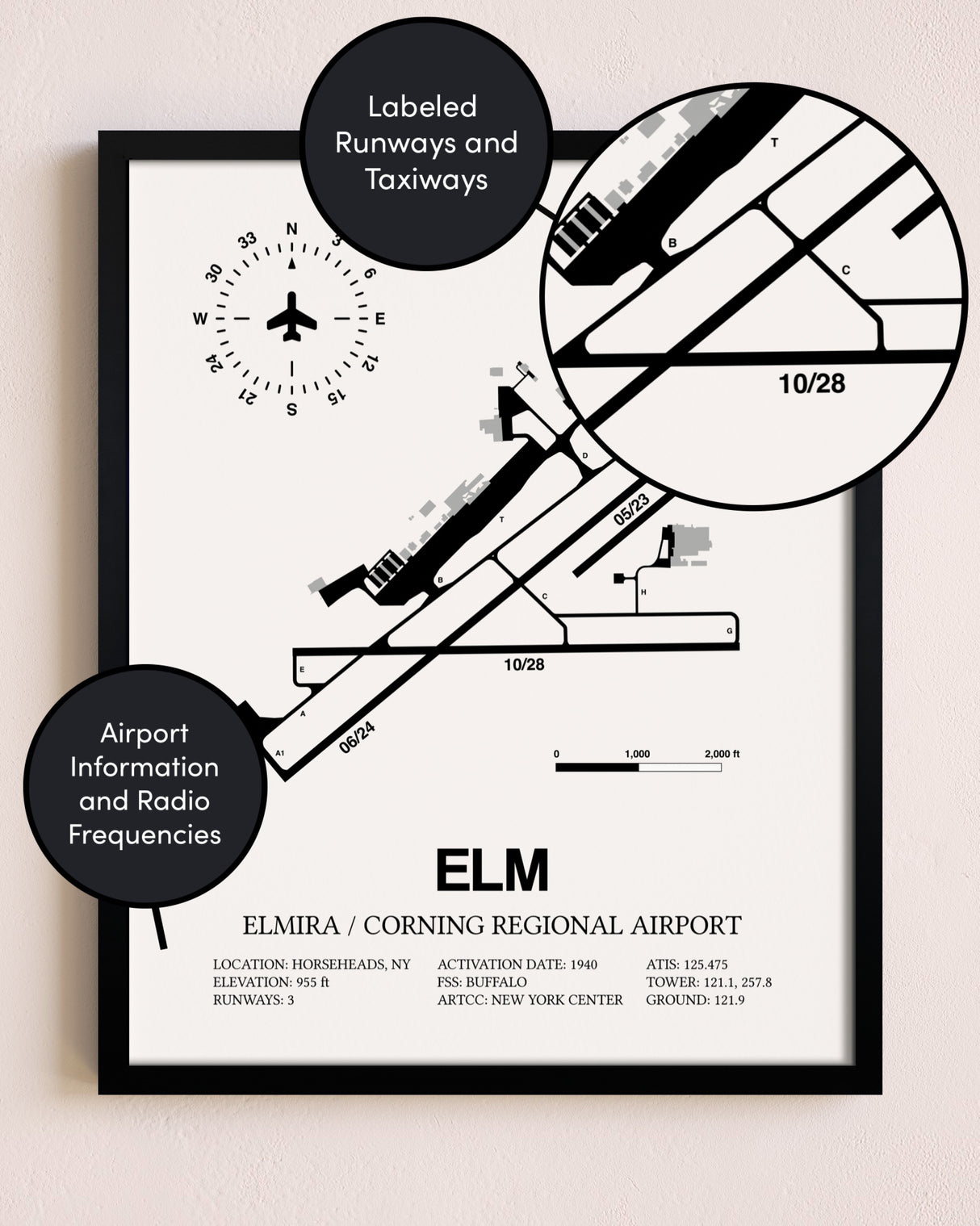 Framed Elmira / Corning Regional Airport layout wall art poster