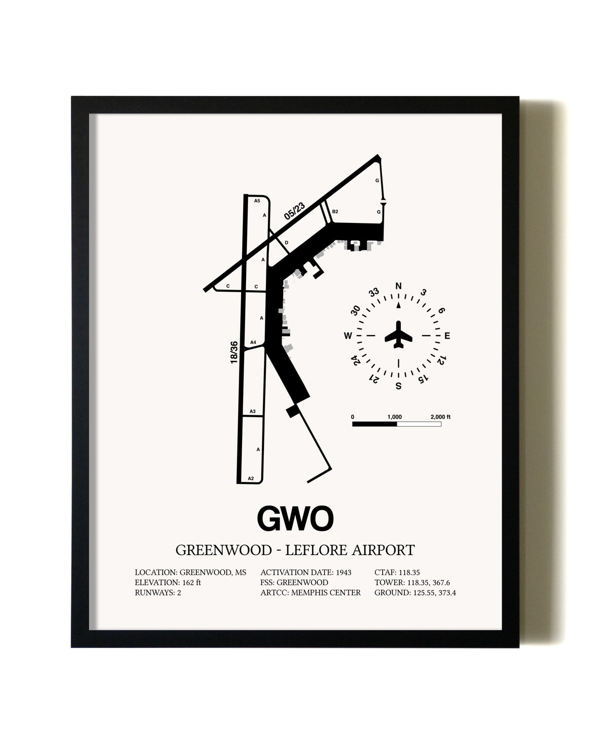 Framed Greenwood-Leflore Airport wall art poster in black frame