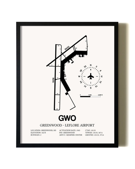 Framed Greenwood-Leflore Airport wall art poster in black frame