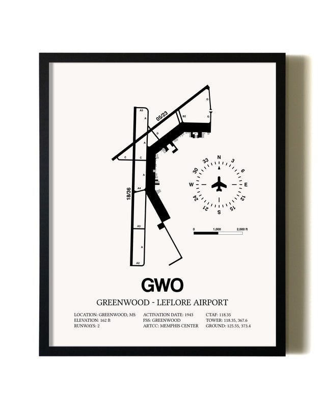 Framed Greenwood-Leflore Airport wall art poster in black frame