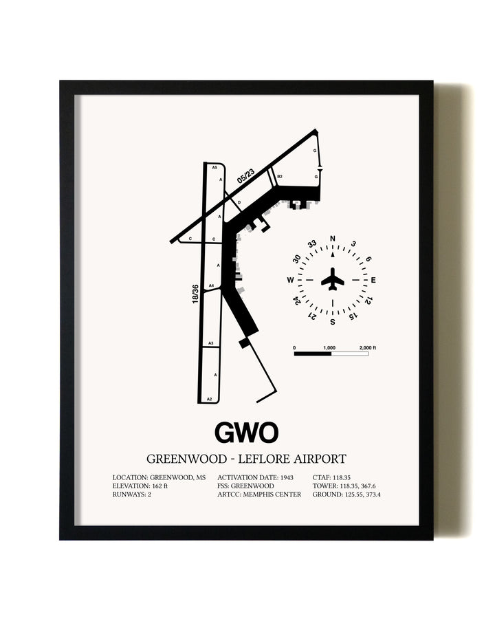Framed Greenwood-Leflore Airport wall art poster in black frame