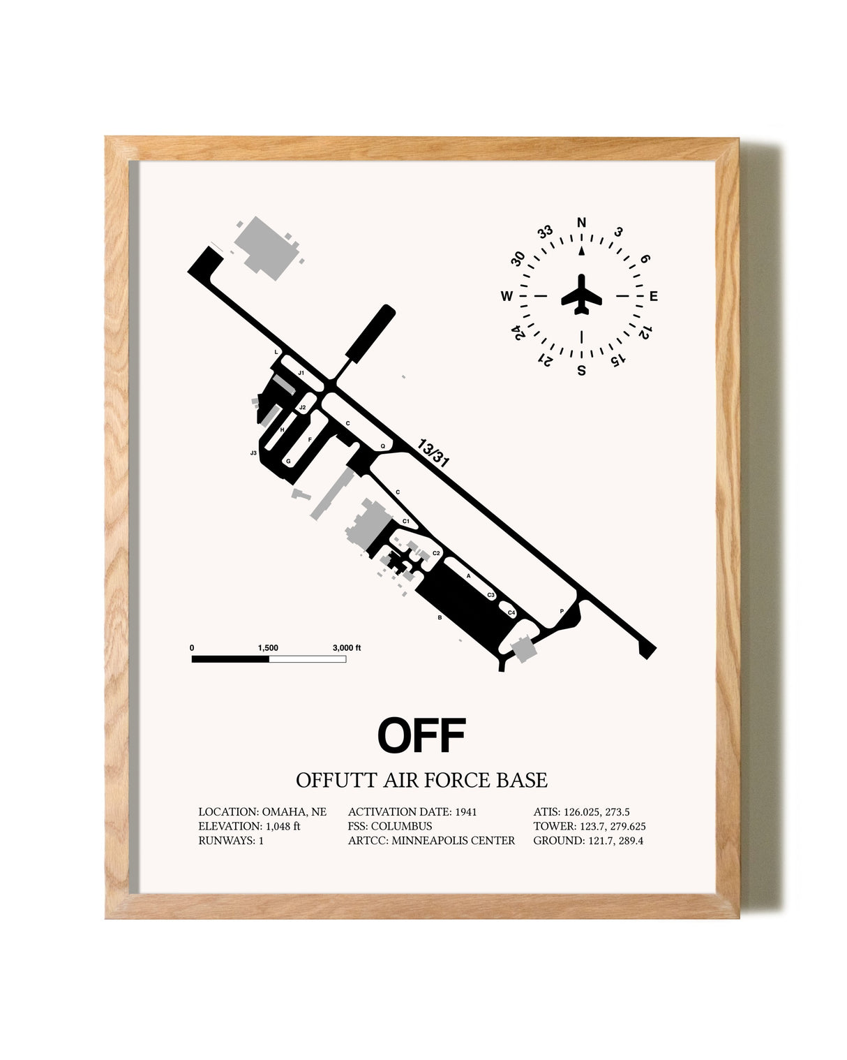 Offutt Air Force Base framed print in natural wood frame