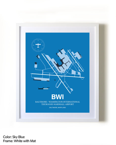 Baltimore/Washington International Thurgood Marshall Airport framed wall art in white frame with mat