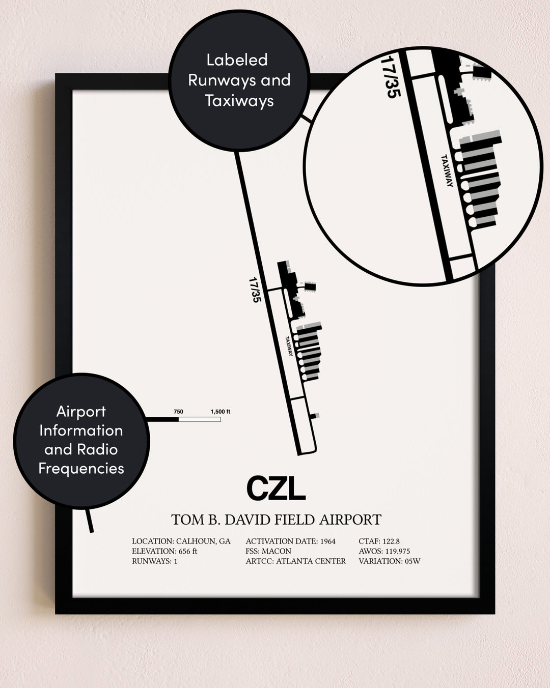 Framed Tom B. David Field Airport layout wall art poster